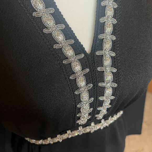 Vtg 70s Black Maxi Dress Embellished Empire Waist Witchy Whimsigoth Wednesday - Picture 4 of 11